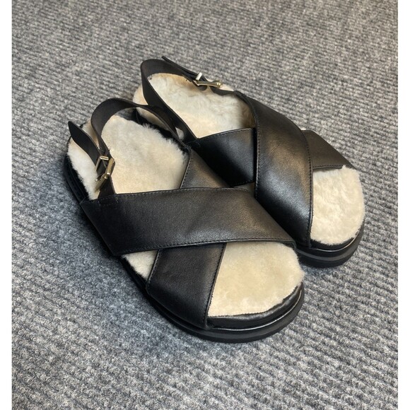 Alohas Women Size 38 (US 7.5) Sandals Sherpa Marshmallow Strap Black Leather NEW - Picture 2 of 10